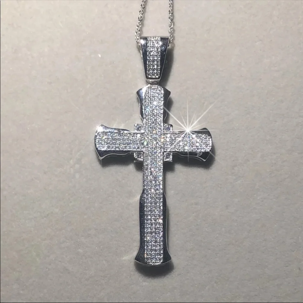 New Luxury 925 Silver Cross Men Women Diamond Necklace - Picture 16 of 16